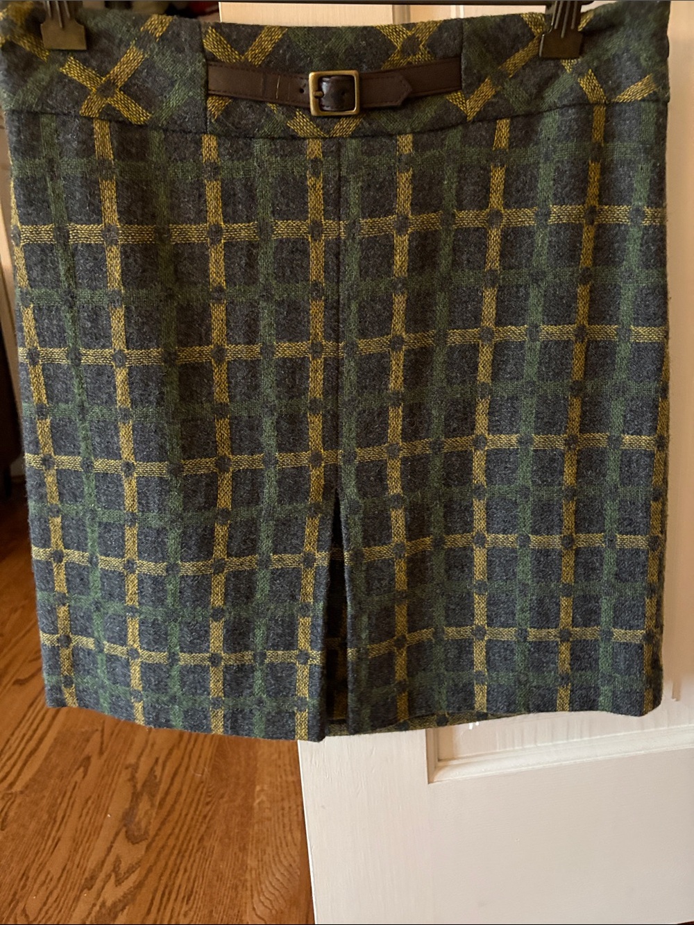 LOFT Green and Gold Plaid Wool-Blend Pencil Skirt with Belt